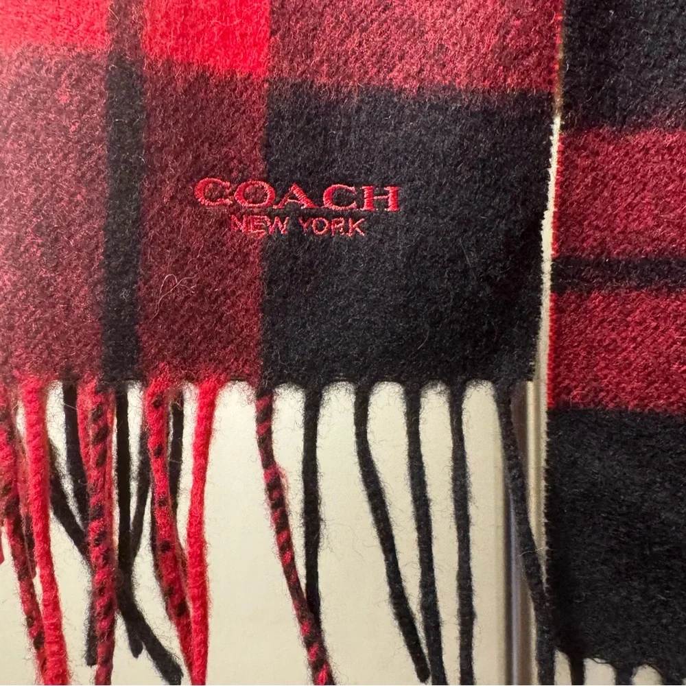 COACH Wool & Cashmere Plaid Winter Tasseled Wrap Scarf RED-BLACK / 12” W x 70” L - Picture 2 of 10